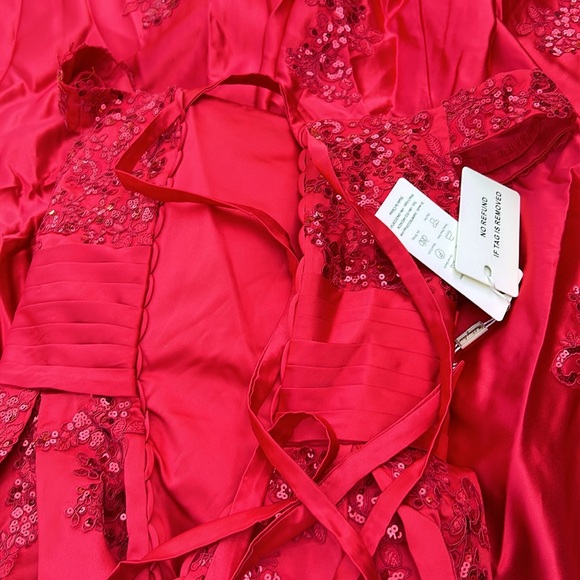 SOLD! Crimson Embroidered Off-Shoulder Ballgown with Cathedral Train - Size M - Picture 9 of 9